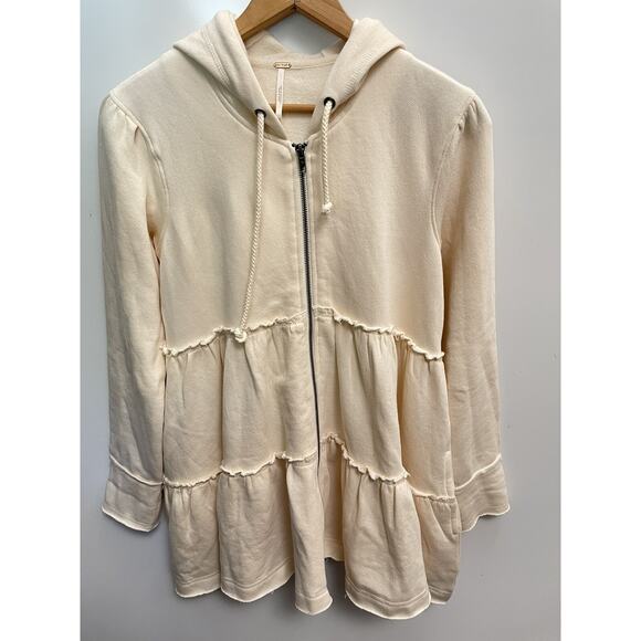 Free People Tiered Ruffle Hoodie Sweatshirt Heather pink Zipper Fray Hem NWOT - Picture 2 of 7